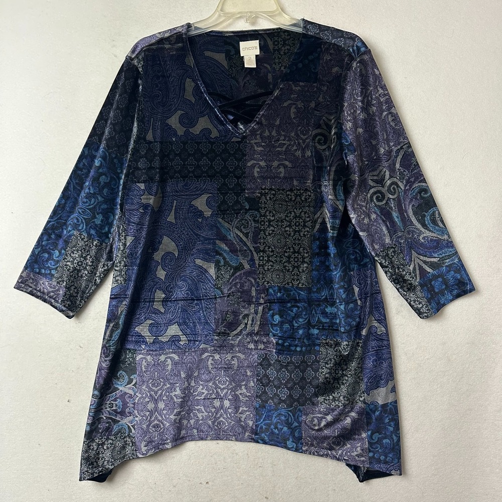 Chicos Blue Purple Paisley Velvet Patchwork Tunic Top V-Neck sz 2‎ L
